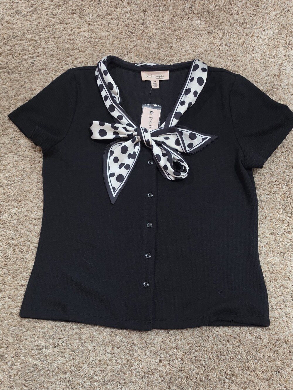 Philosophy Black Button Front Top with Polka Dot Neck Scarf Med New - Picture 1 of 11